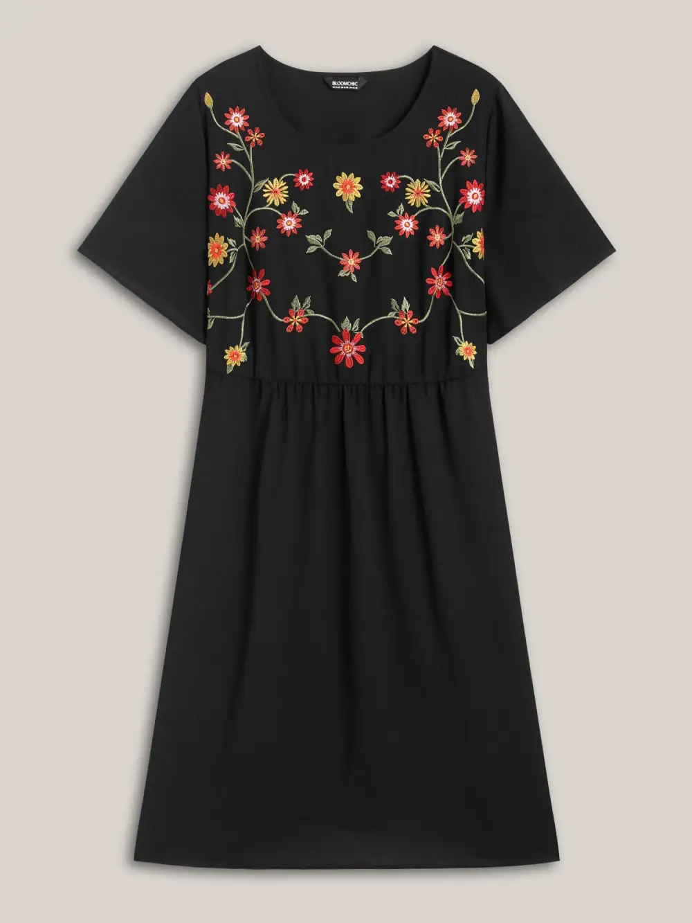 Floral Embroidered Waist-Cinched Midi Dress
