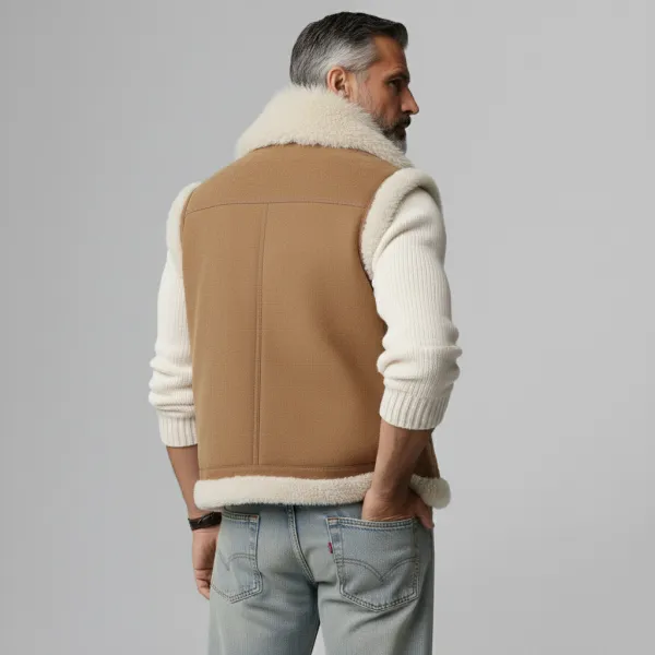 Men's Light Brown Plush Collar Chest Flap Pockets Zip Up Suede Vest