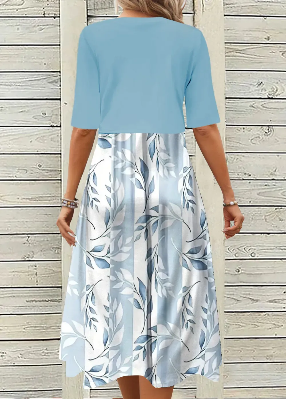 Light Blue Two Piece Leaf Print Dress and Cardigan