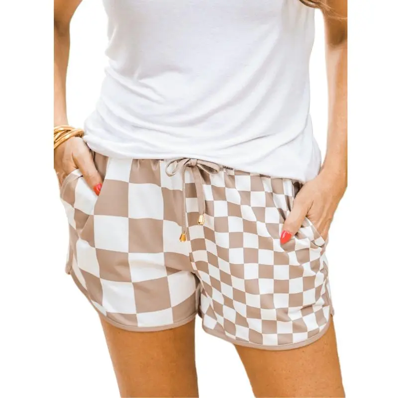 Women’s Checkered Drawstring Shorts – Elastic Waist, Casual Summer Style with Pockets