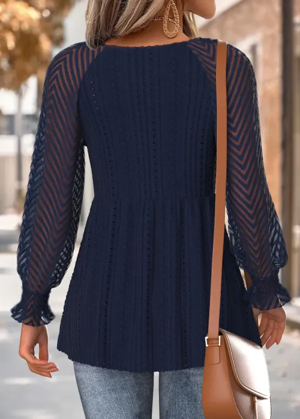 Navy Peplum Long Sleeve V Neck T Shirt