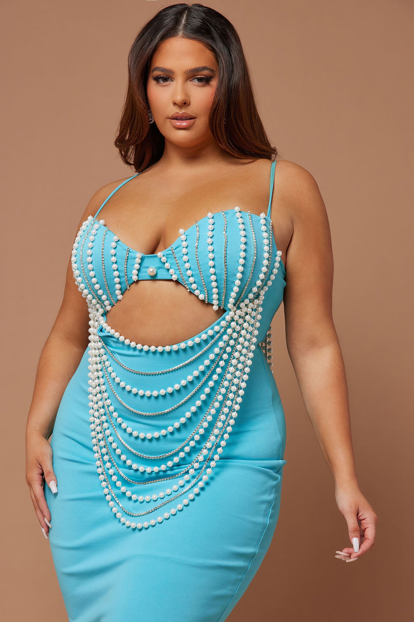 Ariel Pearl Embellished Midi Dress - Aqua