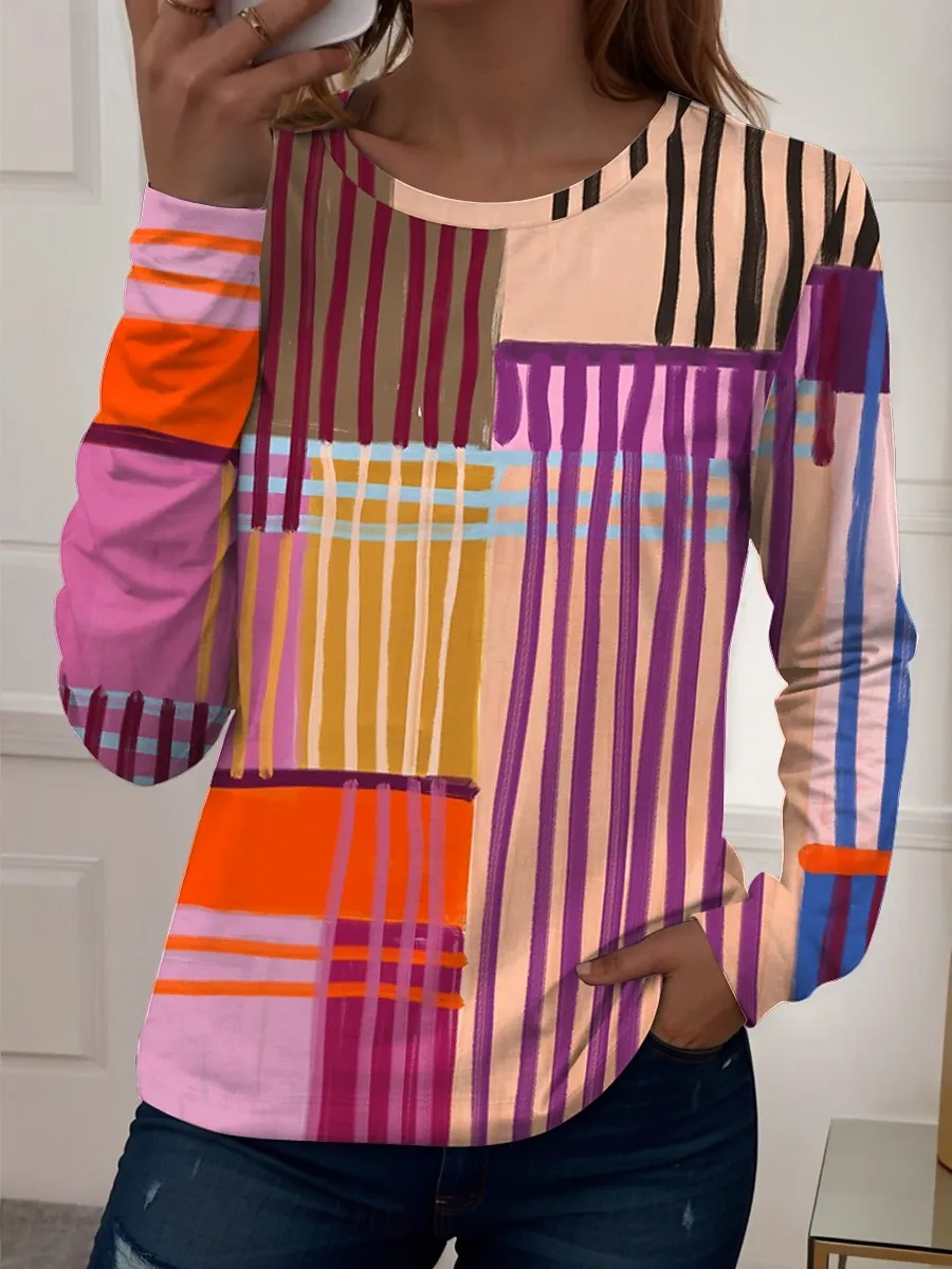 Women's T shirt Long Sleeve Crew Neck Long Sleeve Tunic Graphic Geometric Vintage Casual Regular Tops Daily Print Pink Blue Purple Green Spring Fall Prefall