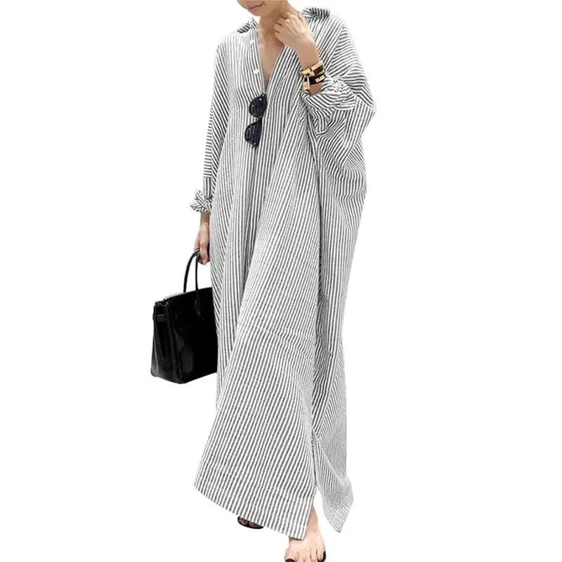 Women's Striped Cotton Maxi Shirt Dress – Casual Loose Fit, Long Sleeve, Button Down