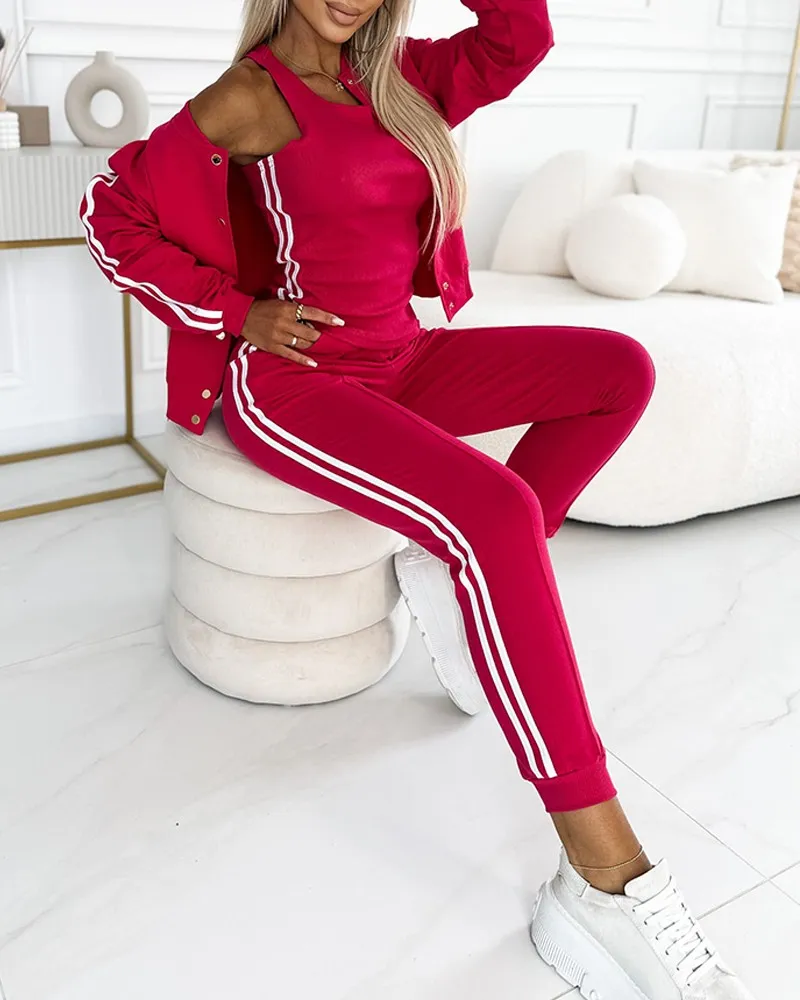 3 Piece Outfits Matching Sets Striped Tape Patch Tank Tops Button Front Jacket Cuffed Pants with Pockets Tracksuit
