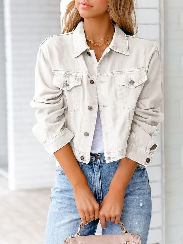 Women's Denim Jacket Outdoor Button Plain Breathable Fashion Regular Fit Outerwear Long Sleeve Fall Light Blue S