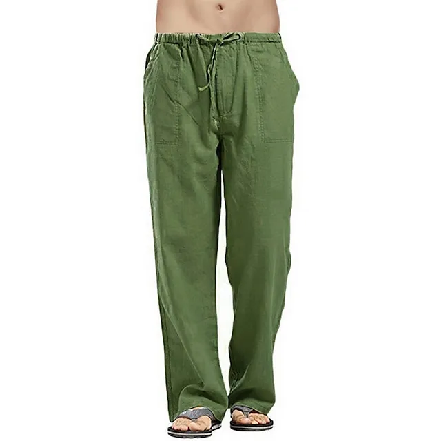 Men's Linen Pants Trousers Summer Pants Beach Pants Pocket Drawstring Elastic Waistband Plain Comfort Breathable Full Length Daily Streetwear Linen / Cotton Blend Fashion Casual / Sporty Loose Fit