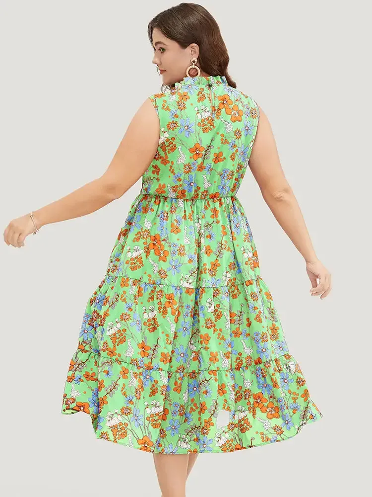 Floral Shirred Mock Neck Cut Out Pocket Ruffle Hem Dress