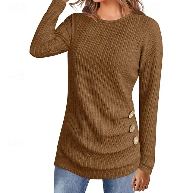 Women's Sweater Pullover Streetwear Casual Solid Color Ribbed Crew Neck Buttons Knitted Long Sleeve Regular Tops Knit Daily Holiday Weekend Black Army Green Fall Winter