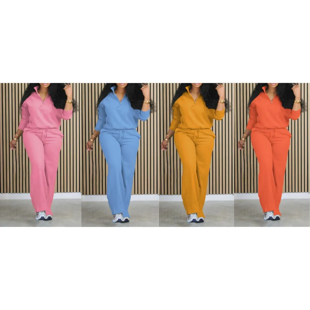 Women's Solid Half Placket Split Hem Pants Set