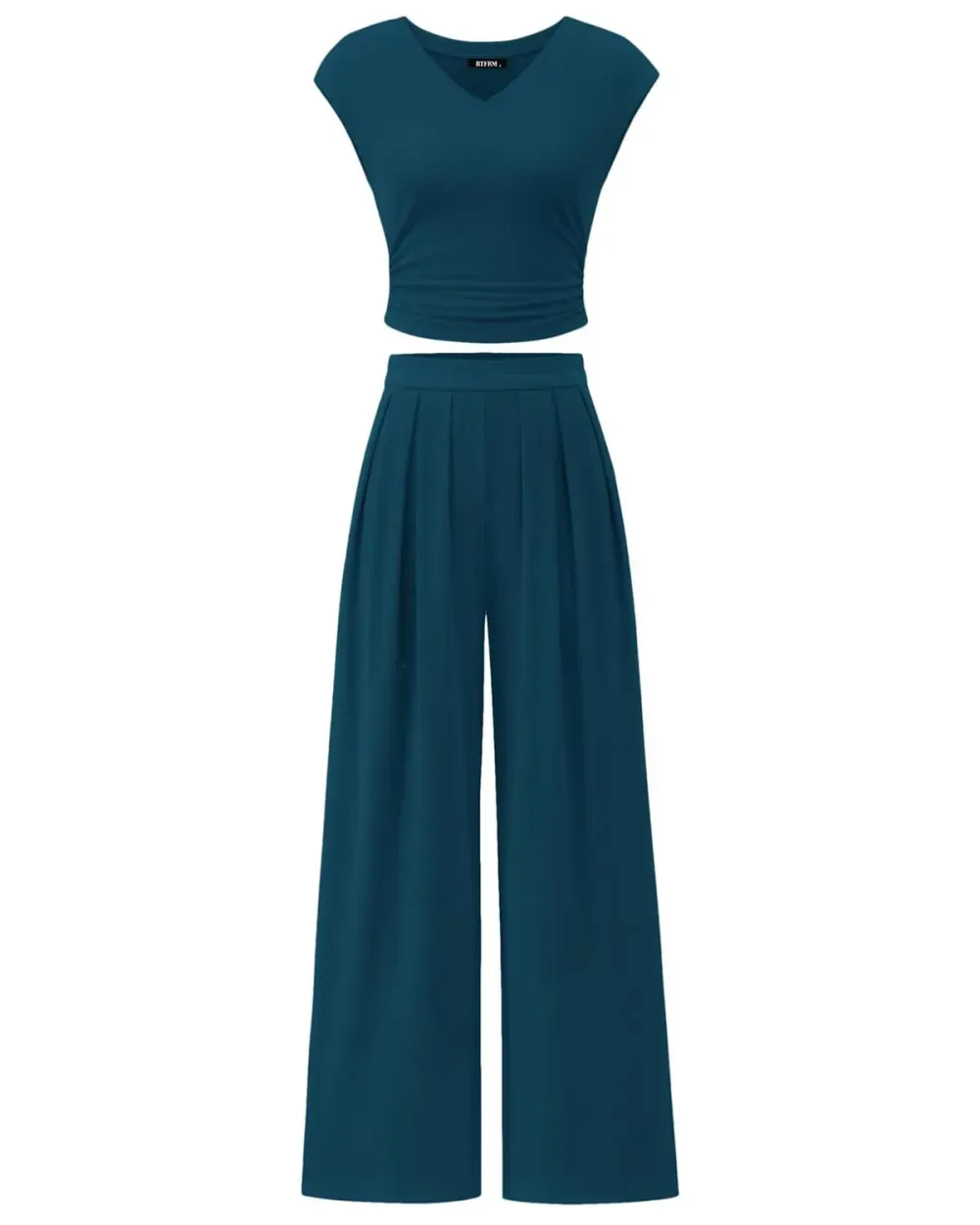 ✨Women's casual ribbed knit suit V-neck short sleeve with wide-leg pants