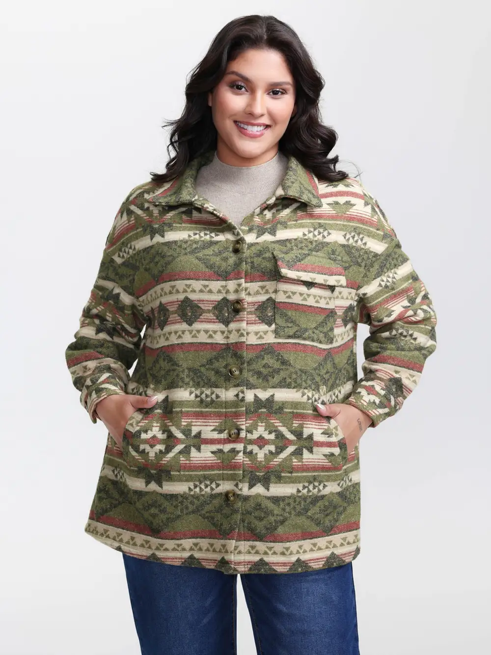 Cozy Print Wool Blend Pockets Jacket