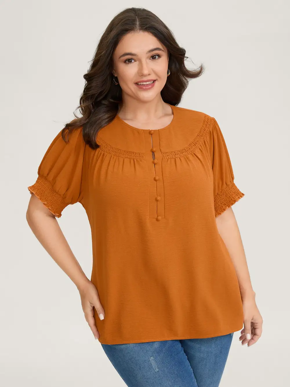 Shirred Cuff Sleeve Button Detail Blouse