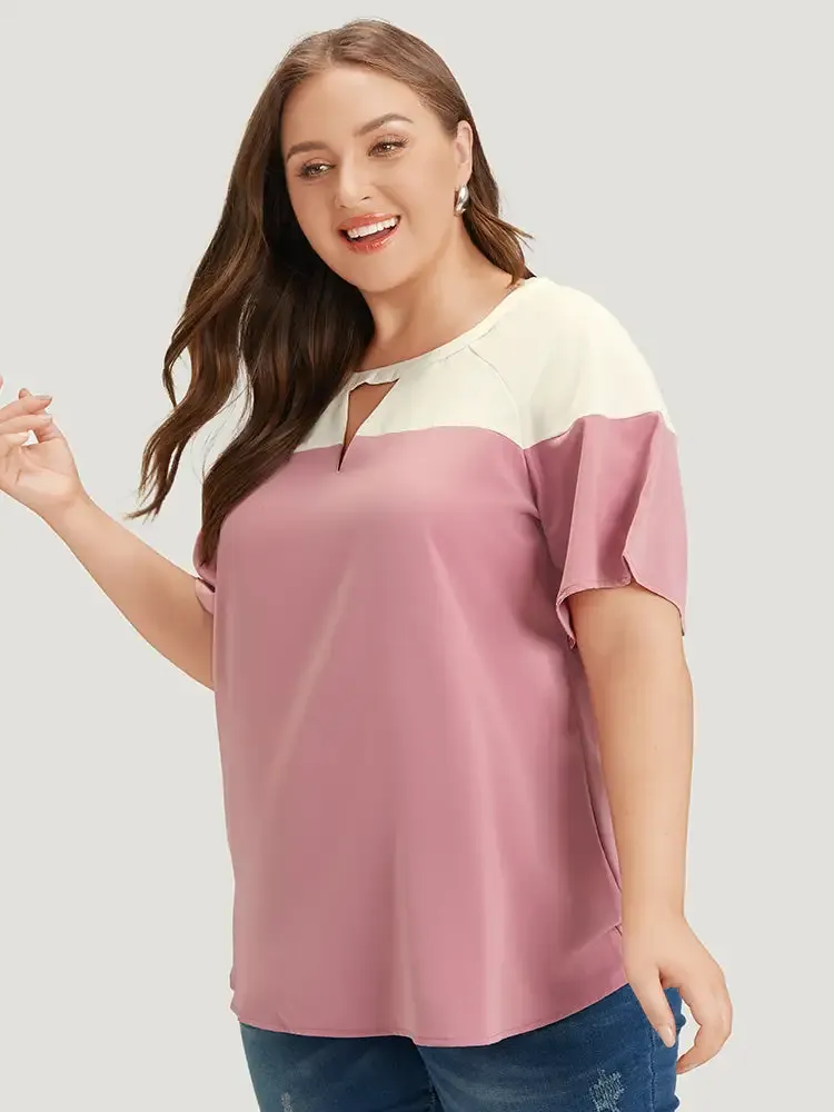 Anti-Wrinkle Two Tone Keyhole Raglan Sleeve Blouse