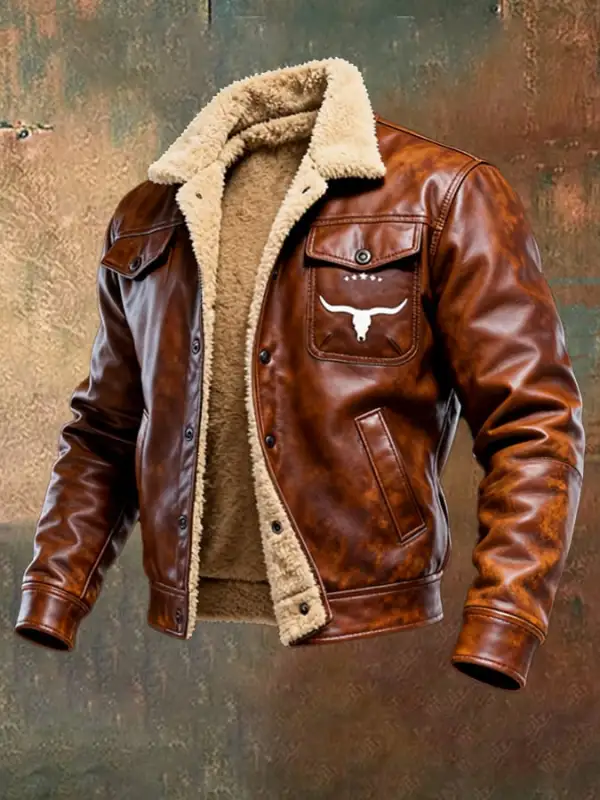 Men's Vintage Leather Patchwork Plush Warm Jacket
