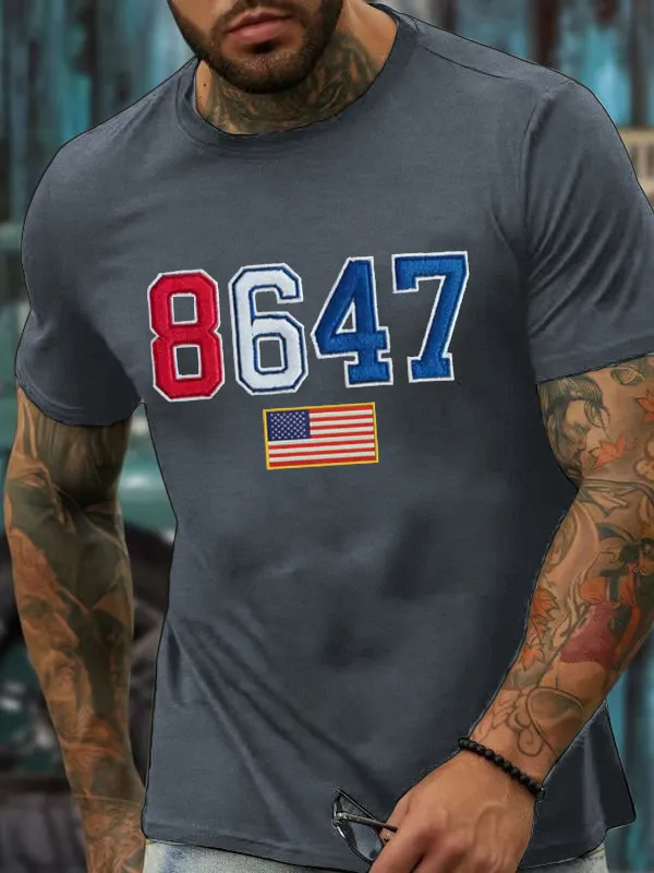 Men'S T-Shirt Men'S Vintage 8647 Flag Print T-Shirt Round Neck Cotton Short Sleeves