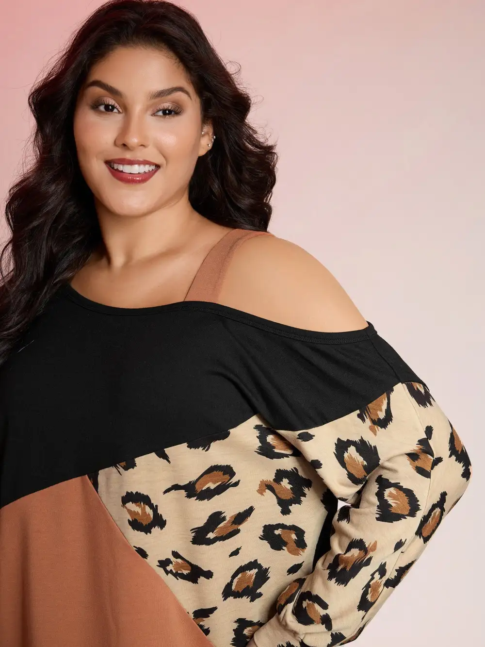 Leopard Print Colorblock One-Shoulder Sweatshirt