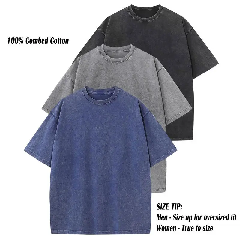 3 Pack Acid Wash Oversized Cotton T-Shirts – Unisex Casual Crew Neck Summer Tops