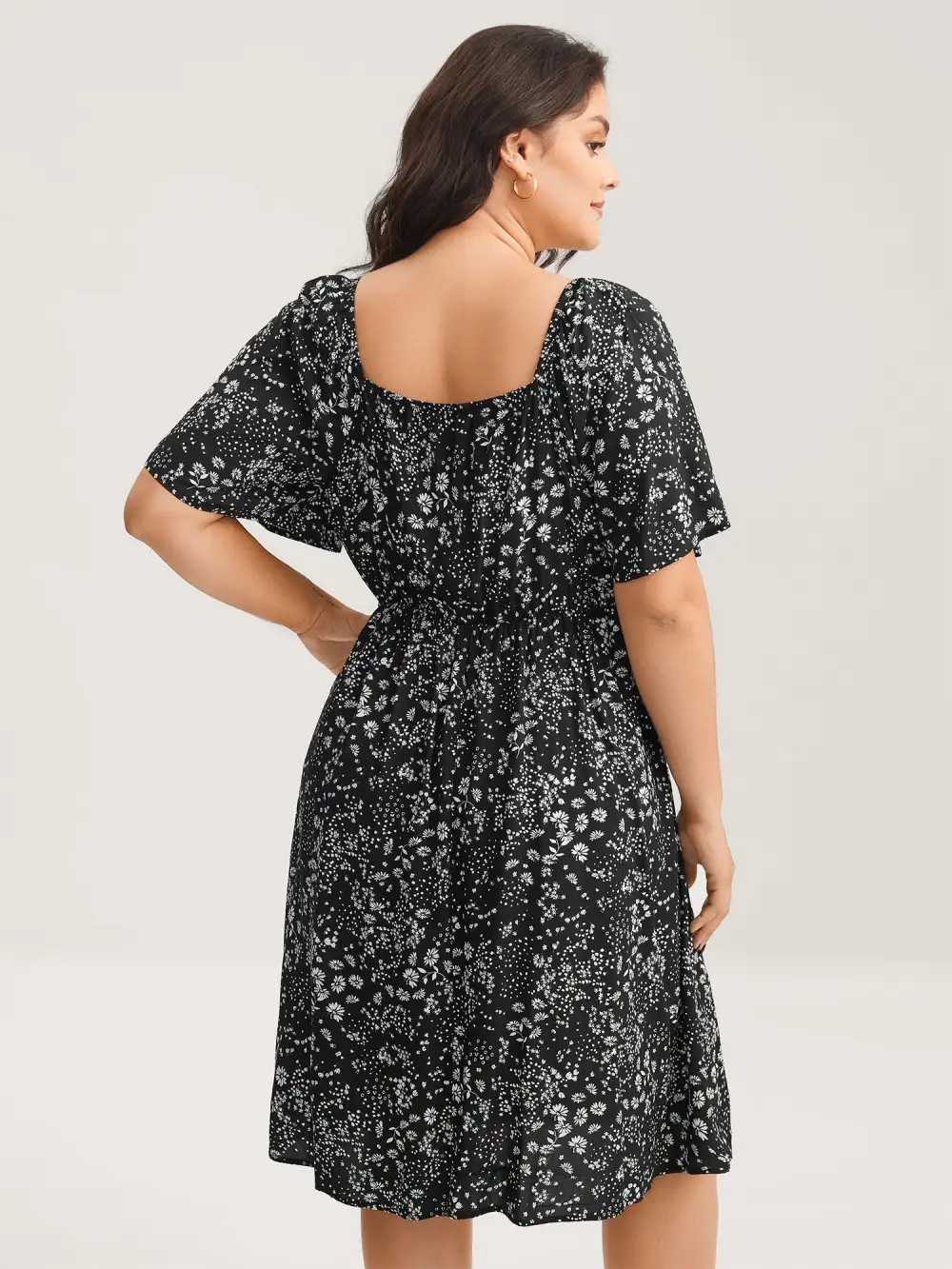 Floral Neck Drawstring Flared Sleeve Midi Dress
