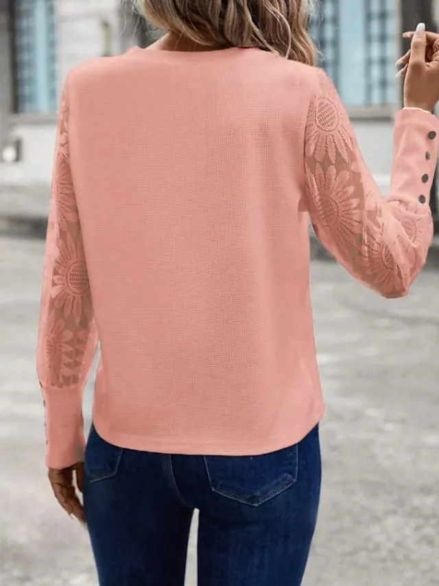 Women's Blouse Dressy Tops Lace Button Daily Elegant Long Sleeve Crew Neck Pink Summer