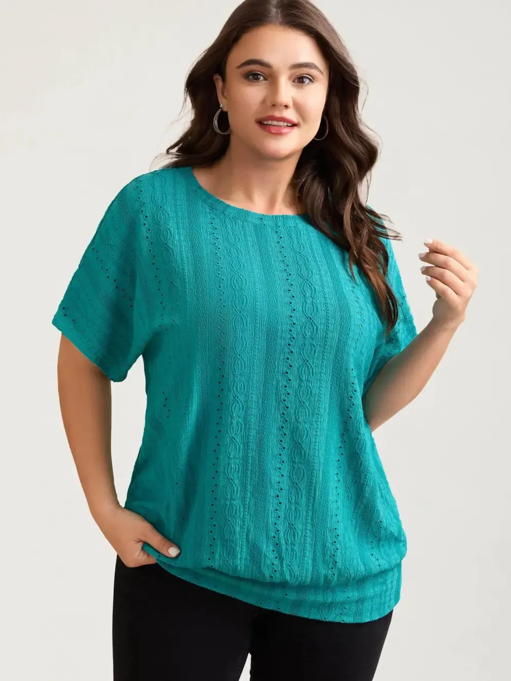 Eyelet Trim Stretchy Textured Plain Top