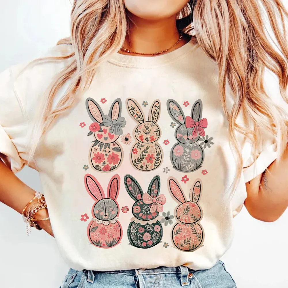 Easter Vintage Floral Bunny Printed Round Neck Short Sleeve T-Shirt