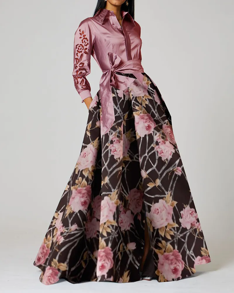 contrast print brocade maxi dress shirt collar