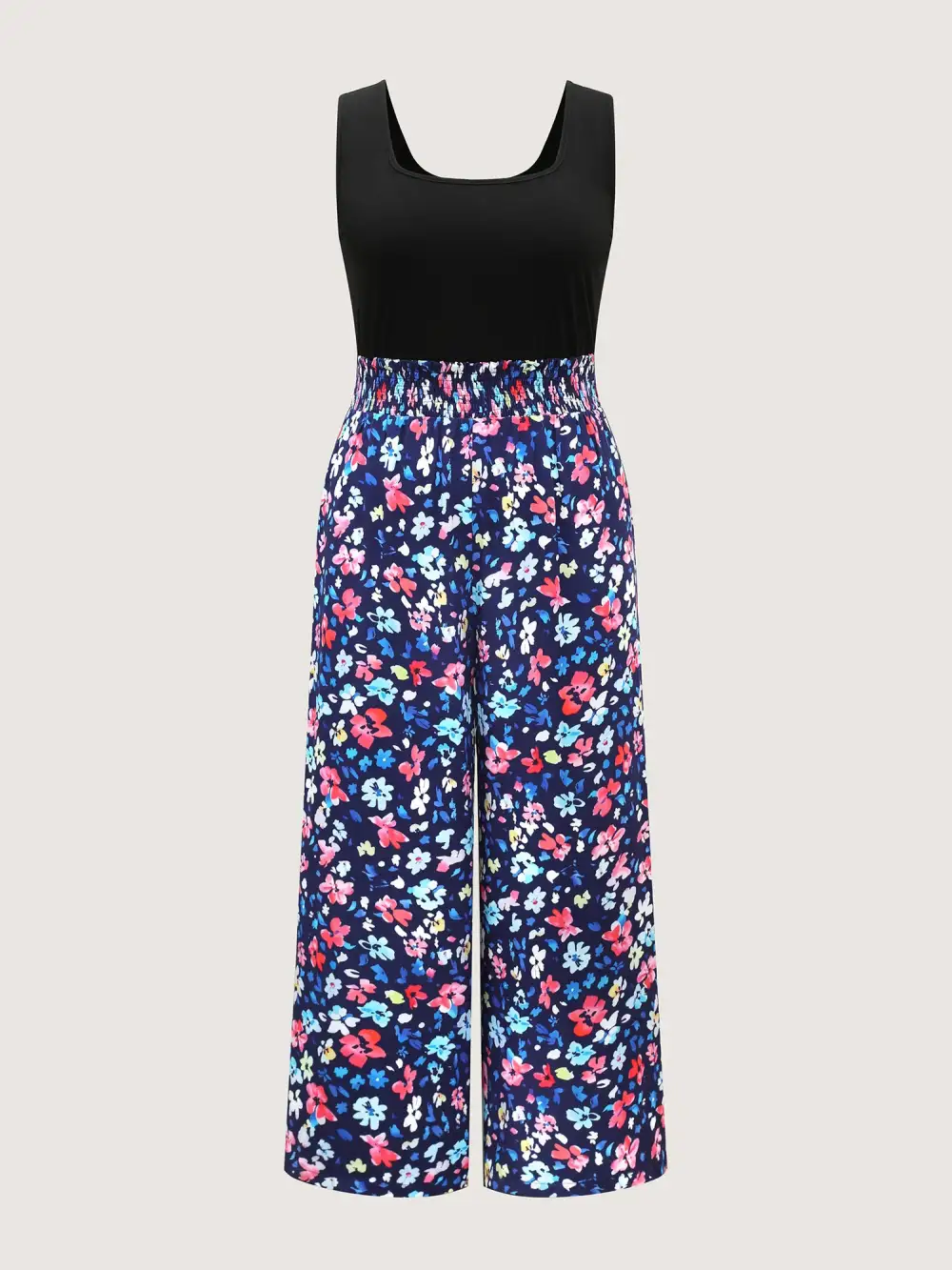 Floral Color Contrast Shirred Jumpsuit
