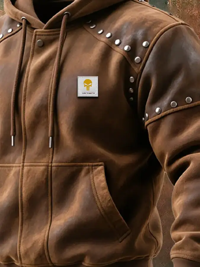 Men's Rivet Vintage Suede Hooded Warm Jacket