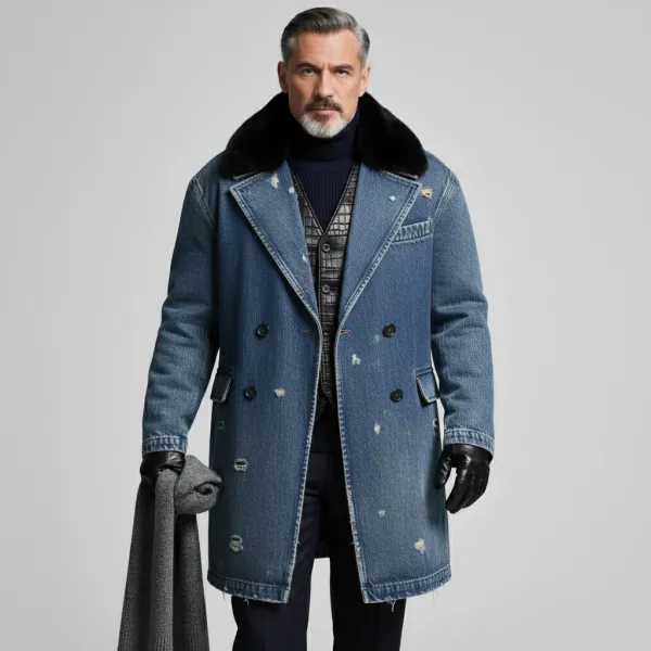 Men's Blue Denim Ripped Black Furry Collar Double Breasted Long Sleeve Overcoat