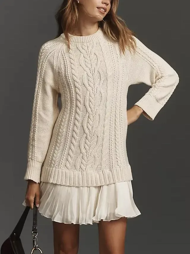 ✨Women Crewneck Cable Knit Sweater Mini Dress