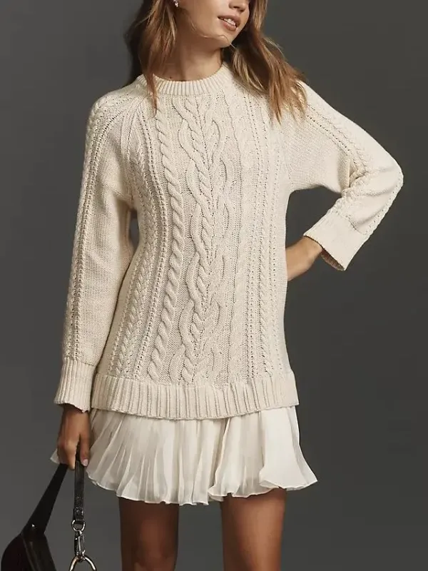 ✨Women Crewneck Cable Knit Sweater Mini Dress