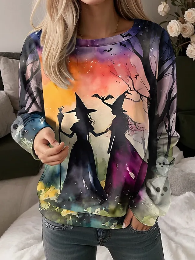 Women's Sweatshirt Halloween Witch Halloween Dailywear Print Blue Purple Orange Casual Loose Fit Crew Neck Long Sleeve Inelastic Spring Fall Winter