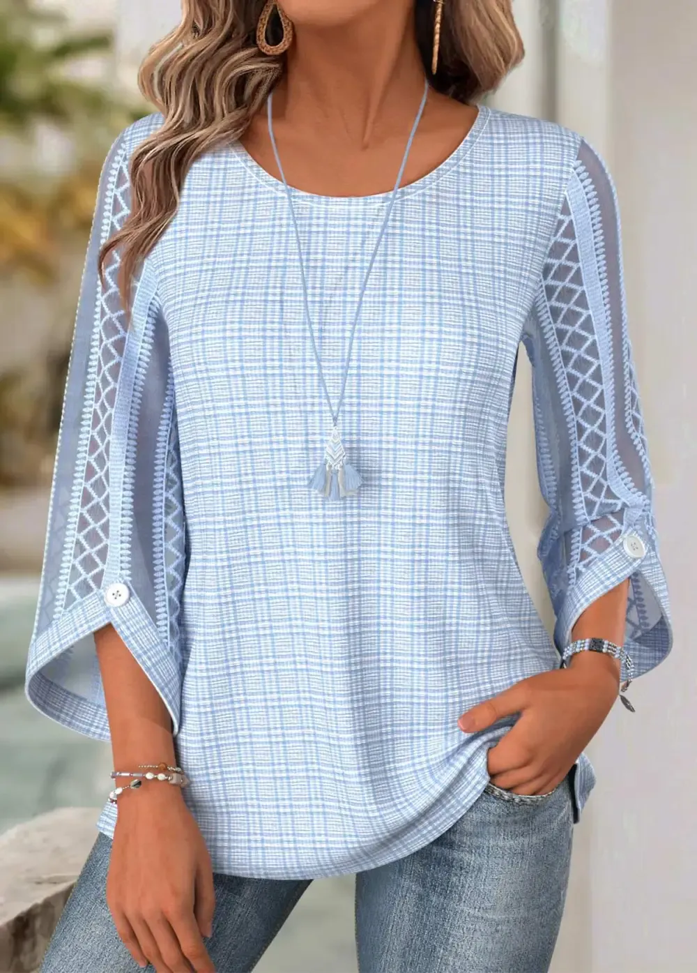 Light Blue 3/4 Sleeve Round Neck Blouse