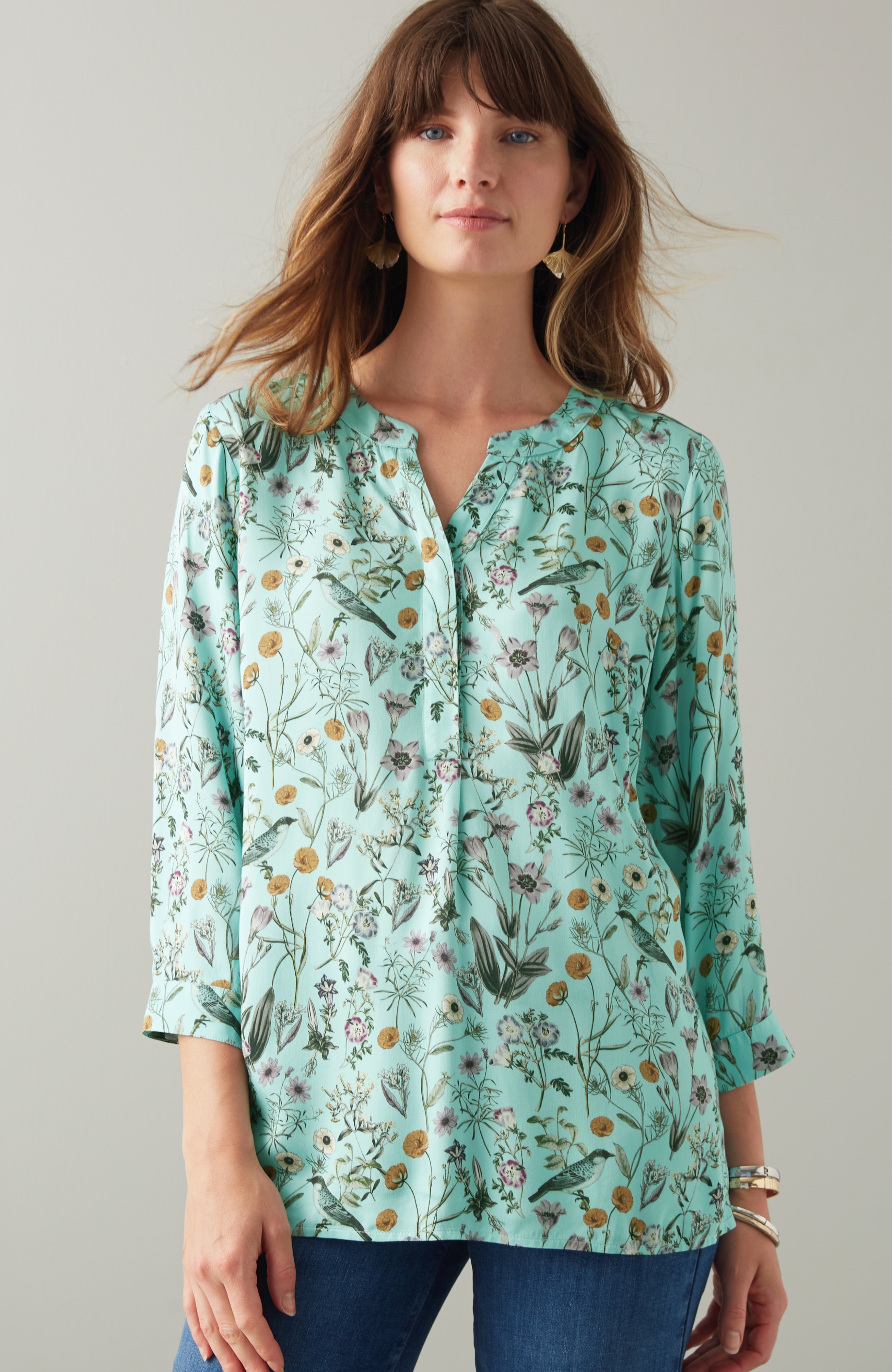 Botanical Birds Printed Satin Top