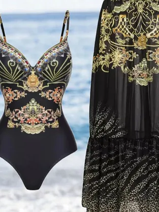Ethnic Printing V Neck Vacation One Piece With Cover Up