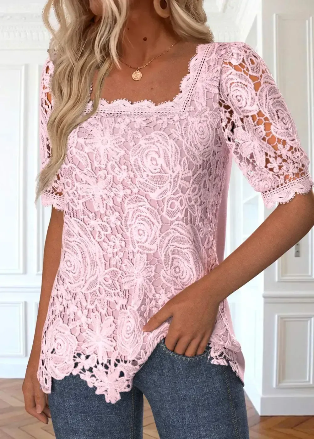 Pink Lace Half Sleeve Square Neck Blouse