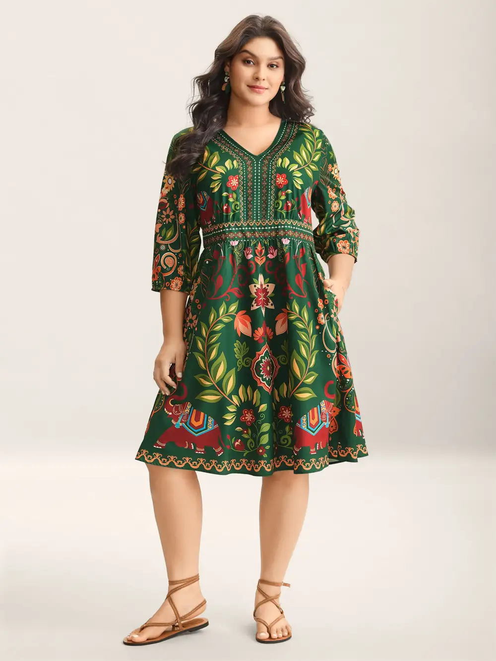 Boho Print V-Neck Pockets Midi Dress