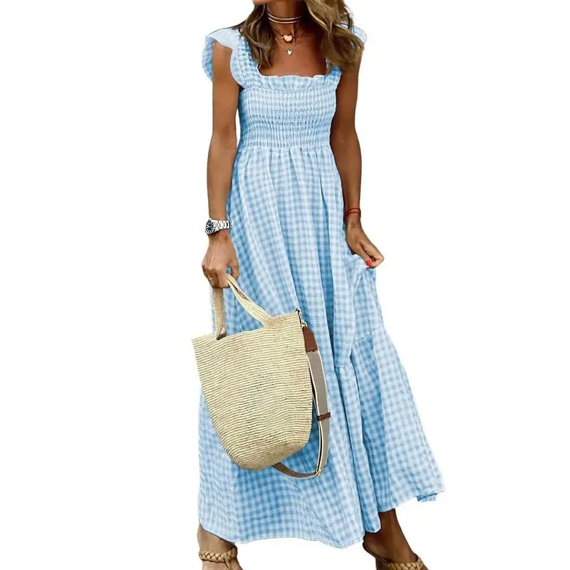 Women's Retro Plaid Smocked Flounce Maxi Dress – Spaghetti Strap