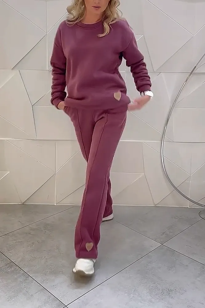 Women's solid color round neck top and pants two-piece set