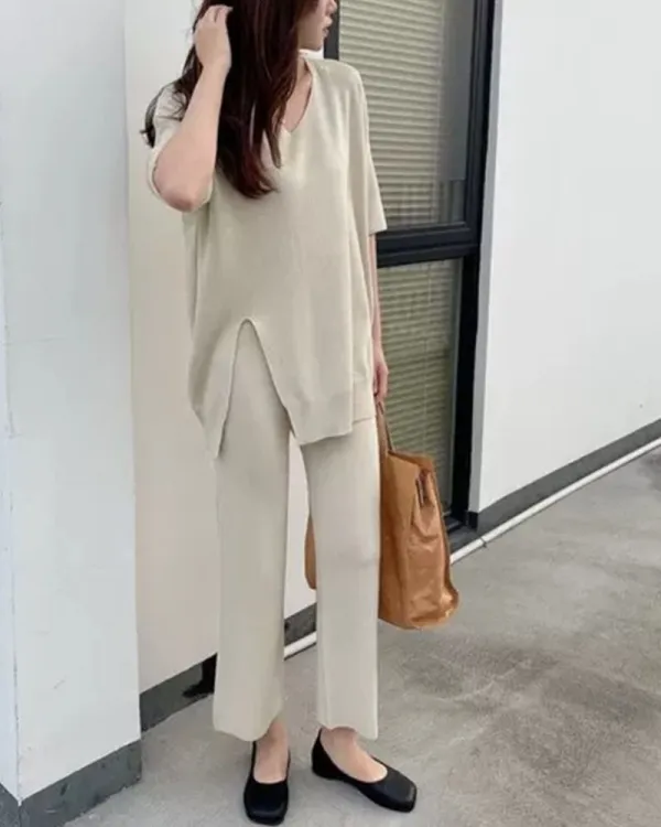 Loose V-Neck Casual Knit Two-Piece Set