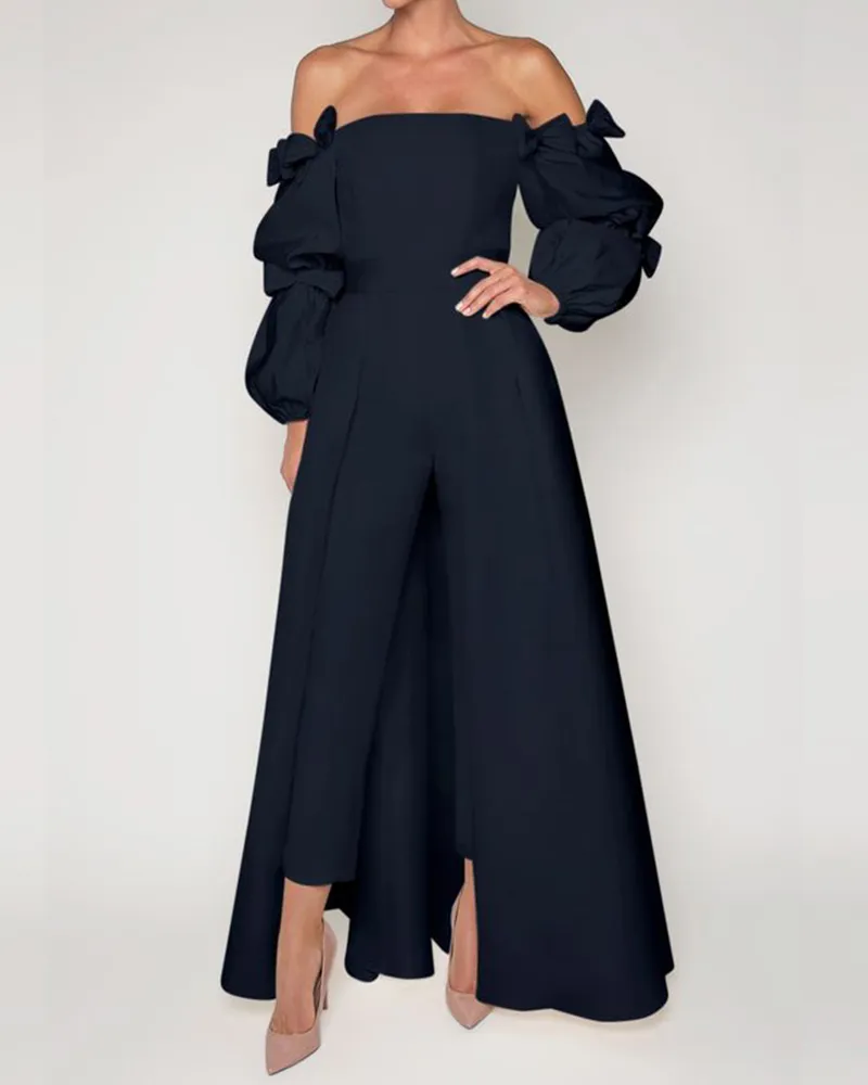 Puff Sleeve Jumpsuit Bow Satin Brocade