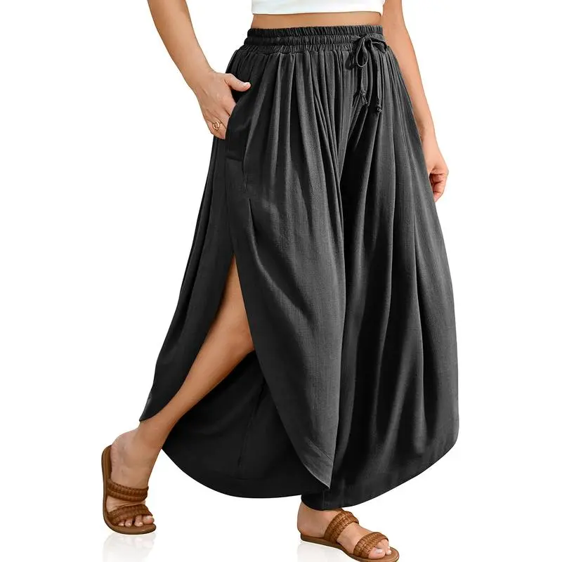 Women’s Linen Split Skirt Pants-High Waist, Wide-Leg, Boho Beachwear