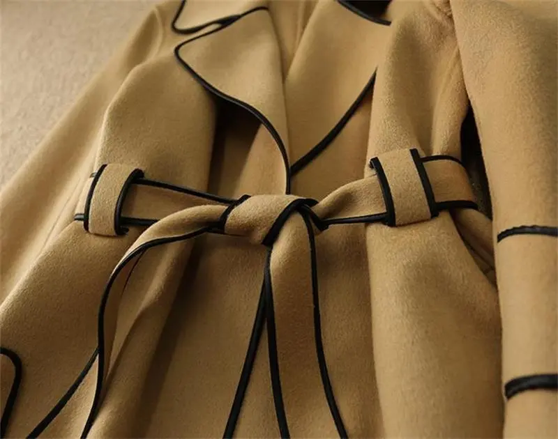 Contrasted trims front tie lapel coat