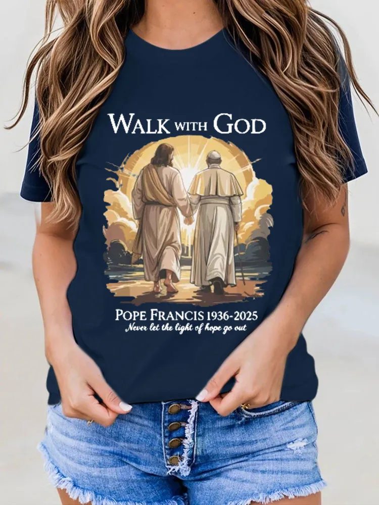 Women's Walk With God Print Short Sleeve Round Neck Cotton T-Shirt