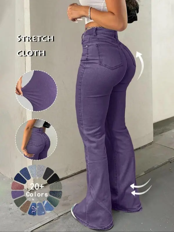 Women's High Waist Flare Jeans – Casual Button Fly Bell Bottom Denim Trousers