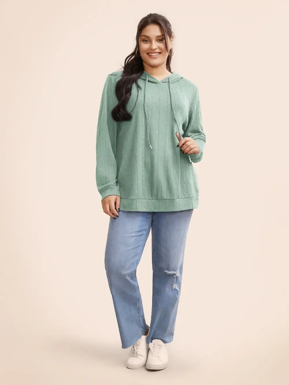 Plain Textured Hooded Drawstring Sweatshirt