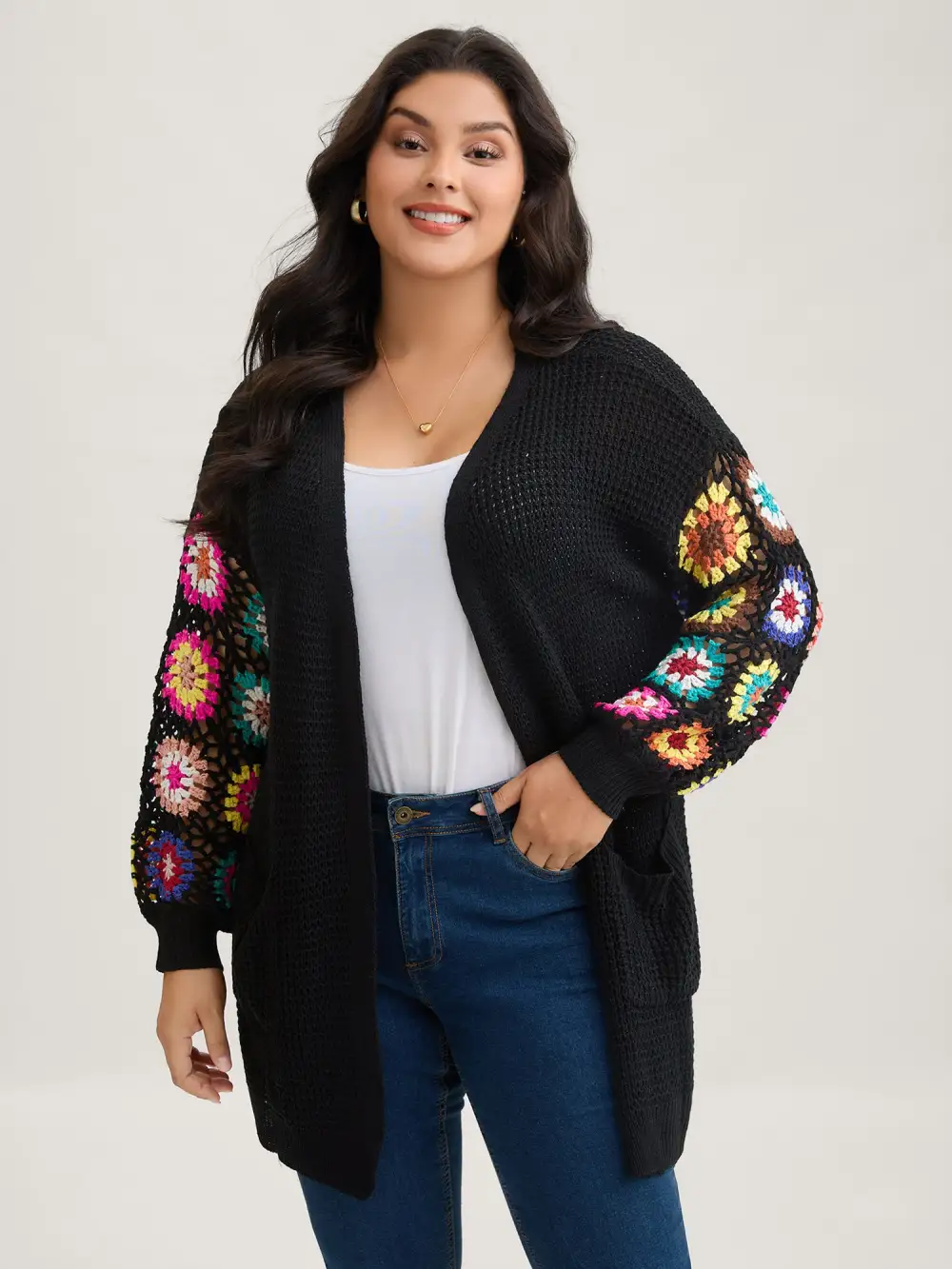 Crochet Floral Drop Shoulder Cut Out Cardigan