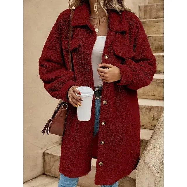 Women's Sherpa Jacket Comfortable Breathable Pocket Buttons Casual Plain Vacation Street Casual Daily Wear Single Breasted Long Turndown Loose Fit Long Sleeve Outerwear Black White Red Spring Fall