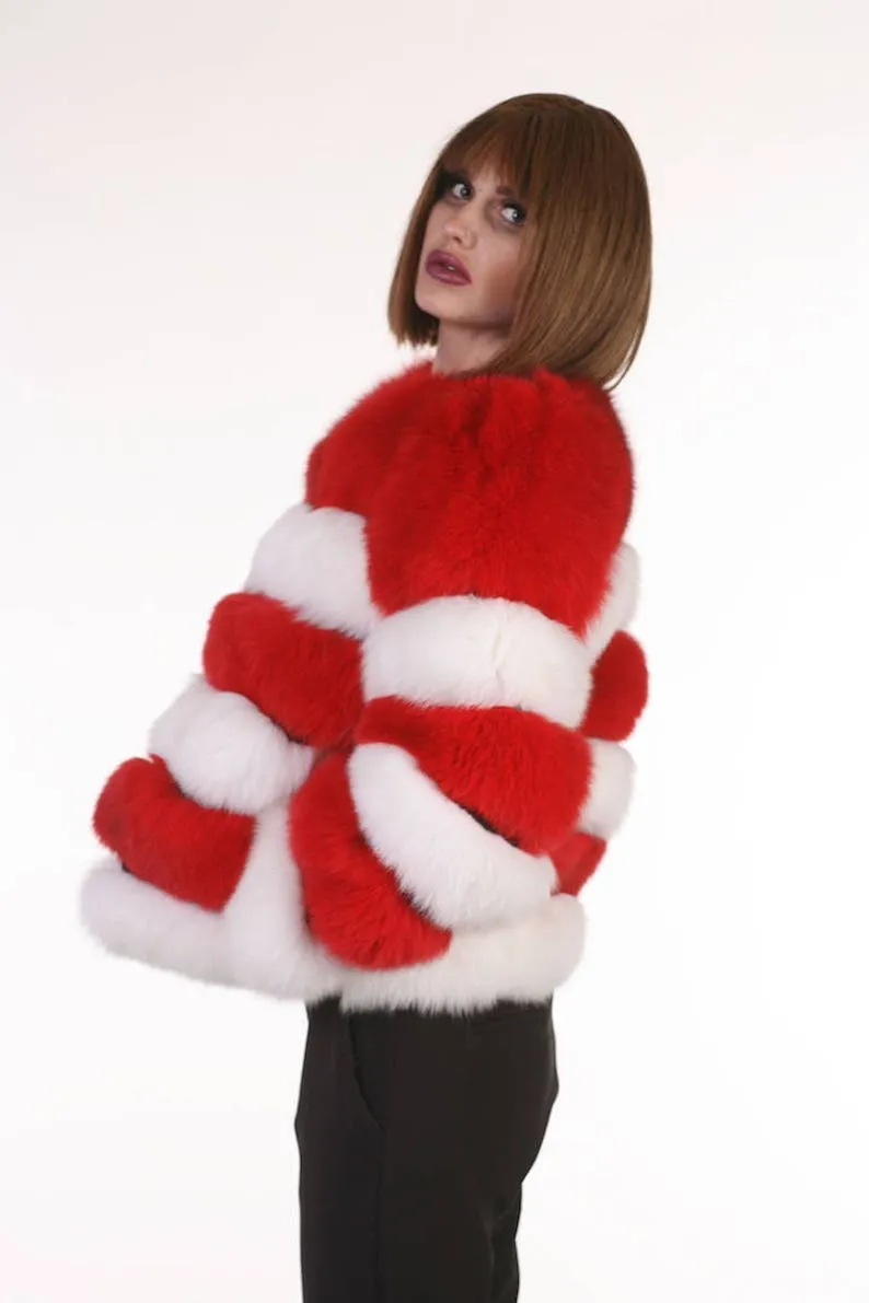 Red and White Fox Fur Jacket